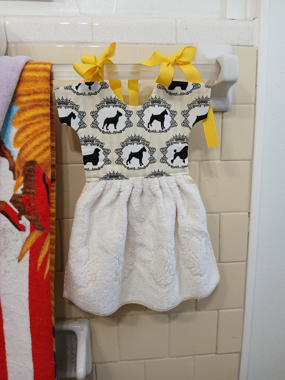 Cream & Black Dog Silhouette Kitchen Towel Dress with Yellow Ties